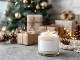 close up photo of a cozy mockup of a lit clear jar candle with a white empty label below the Christmas tree with wrapped present boxes and Christmas lights scattered