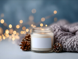 lit clear glass jar candle with white blank label glowing in dark cozy setting surrounded by fairy lights pinecones and wool blanket cinematic warm contrast photoreal