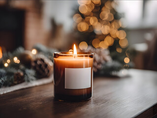 amber glass candle with blank white label on walnut cabinet glowing fairy lights in background with Christmas tree and a family gathered together cozy atmosphere with