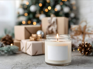 close up photo of a cozy mockup of a lit clear jar candle with a white empty label below the Christmas tree with wrapped present boxes and Christmas lights scattered