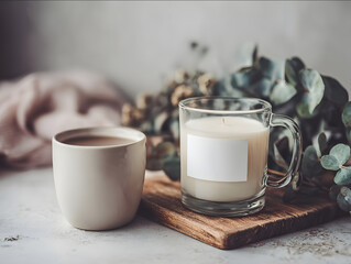 9oz clear glass candle with empty white label beside coffee cup eucalyptus stems and wooden cutting board on marble counter soft morning light through window Christma