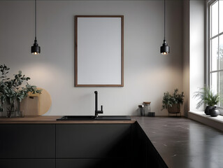 10 degree angle view of a3 thin wooden frame with blank white poster above a matte black and dark walnut kitchen counter minimalist luxury interior builtin LED underca