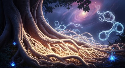 Tree roots cosmic background glowing light