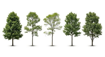 Obraz premium Five different green trees stand in a row on white background. Each tree shows unique shape and foliage. Perfect for landscape design, park planning, gardening projects, and nature graphics.