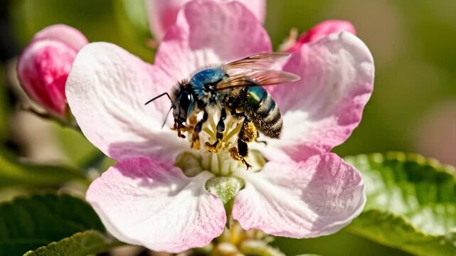 A blue orchard mason bee pollinates a pink apple blossom in a macro close-up. The insect gathers yellow pollen from the flower before flying away. Springtime nature and wildlife
