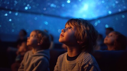 A group of children sits in a dark room focused on a blue starry sky projection above them. They show expressions of wonder and curiosity as they observe the display.