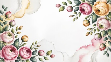 Floral watercolor design with pink and yellow flowers on white background  