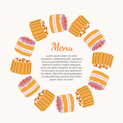 Hand drawn tasty cake frame. Great for birthday parties, banners, menu, . Vector design for culinary courses