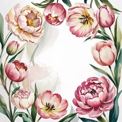 Floral arrangement with pink tulips and peonies on white background  