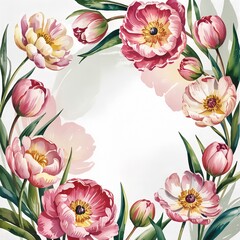 Floral wreath with pink and white peonies on a white background  