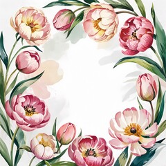 Floral frame with pink peonies and green leaves on white background  