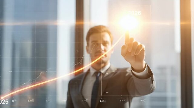 A confident business professional in a contemporary office environment interacts with a sophisticated holographic display, visually tracking a remarkable upward trend on a data graph. His finger point