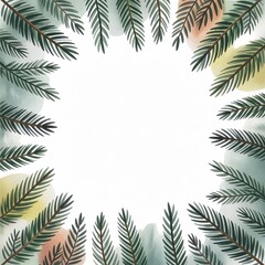 Green pine branches framing a blank space on watercolor background  