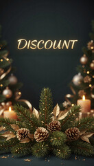 Festive discount banner with candles and pine branches decor  