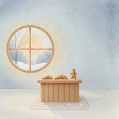 Gingerbread man beside croissants on wooden counter by snowy window  