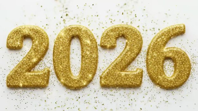 A dazzling and elegant display of the year 2026, rendered in intricate golden glitter against a clean, bright background. The numbers shimmer with sparkling particles and subtle light reflections, cre