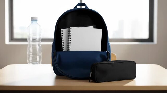 A blue backpack is placed on a desk, ready for school. Notebooks, a pencil case, and a water bottle are added.