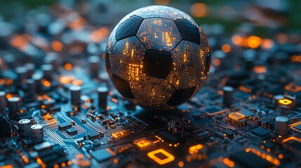 Illuminated soccer ball on a complex electronic circuit board football technology photo
