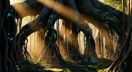 Ancient tree roots with glowing moss