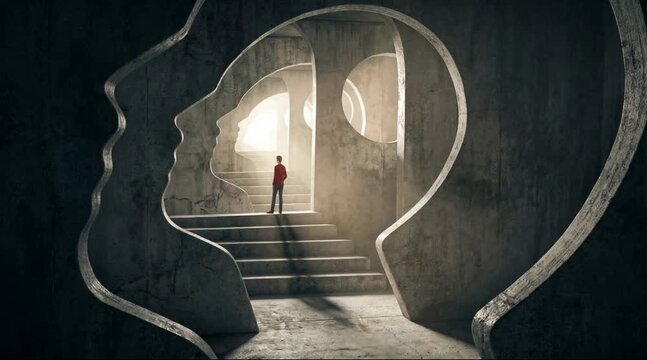 A person in a red shirt stands at the top of a glowing staircase, gazing downward into a maze of curved organic shapes resembling human faces