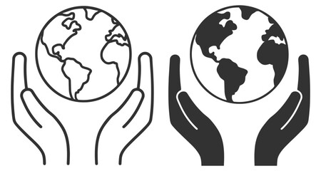 Hands holding earth icons, eco world and environment protection symbols vector on transparent background
