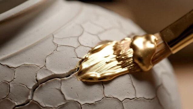Closeup of gold paint being applied to a cracked ceramic surface with a brush