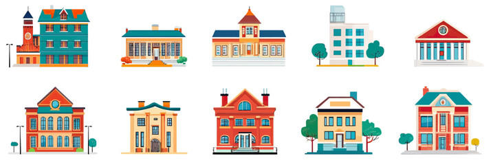 Colorful cartoon vector houses buildings set in flat minimalist style with Victorian and modern architecture city townhouses public office facades design icons collection