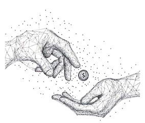 Abstract digital wireframe hands exchanging dollar coin low poly mesh lines connected dots concept of payment donation charity finance transaction vector illustration