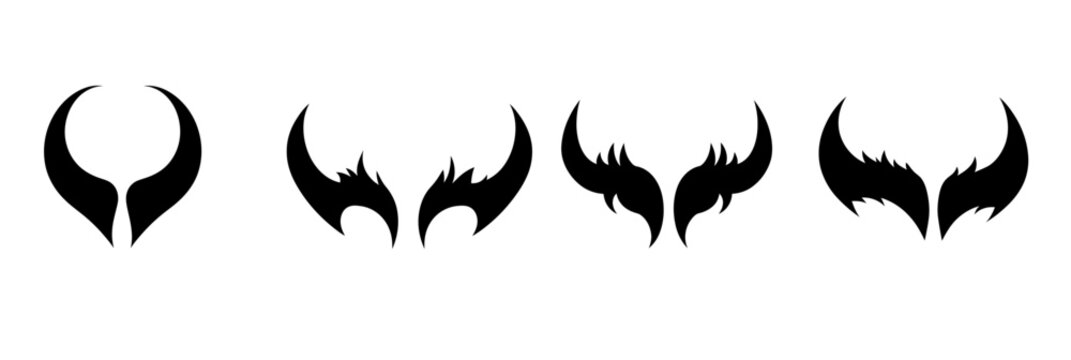 Set of black silhouette devil horns with curved and jagged shapes isolated on white background for Halloween spooky fantasy designs and horror themes vector art
