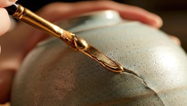 Kintsugi repair applying gold lacquer to a cracked ceramic bowl with a brush