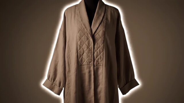 A stylish beige garment with quilted details is displayed on a mannequin. The elegant design is highlighted by a subtle glowing effect.