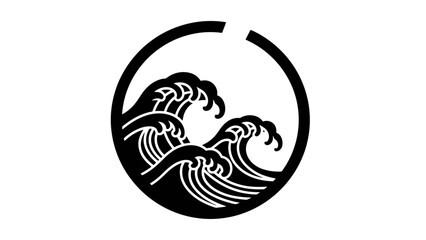A stylized blue wave graphic flowing through a circular outline, representing water, motion, or a brand logo on a white background.