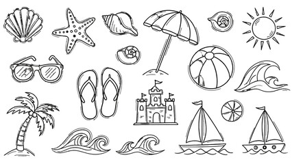 Coastal summer scene illustration: A delightful illustration showcases a collection of beachside essentials.