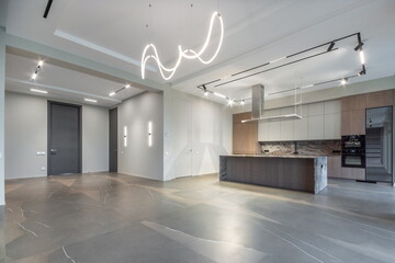 A modern open-plan kitchen and living room with elegant design and natural light in a modern apartment.