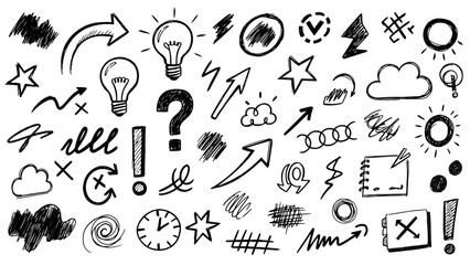 Hand-Drawn Icons: A collection of hand-drawn icons in black ink, evoking a sense of creativity, ideation, and visual communication. The variety of symbols suggests diverse concepts and applications.