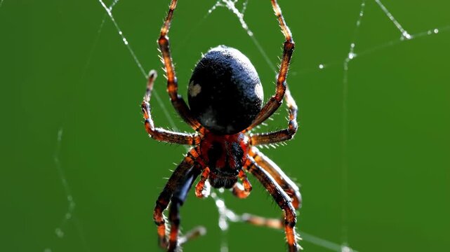 Macro close-up of a spotted orb-weaver spider hanging in its web against a green nature background