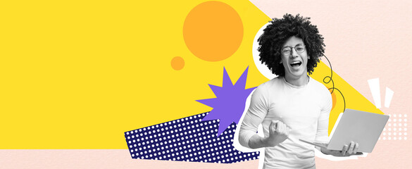 A young individual with curly hair is happily engaging with a laptop in a fun and colorful collage....