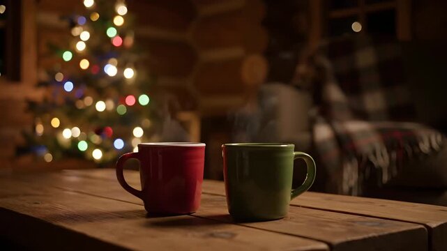 Steaming christmas mugs cozy two mugs of hot beverage on a wooden cabin table with a twinkling christmas tree and blanket in the blurred background, creating a comforting holiday scene