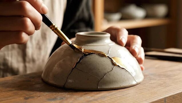 Kintsugi repair of cracked ceramic bowl with gold lacquer