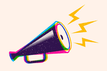 Vector vintage poster with retro megaphone in CMYK colors. Vector illustration of a megaphone in glitch style.