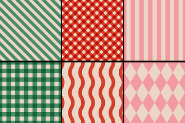 Vector set of retro classic geometric patterns for Christmas and New year. Vintage seamless gingham, plaid and striped patterns for winter holidays.