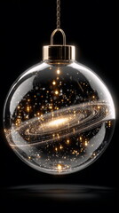 Glass ornament with glowing galaxy inside hanging on dark background
