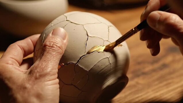 Artisan applying gold lacquer to repair a cracked ceramic bowl using kintsugi technique