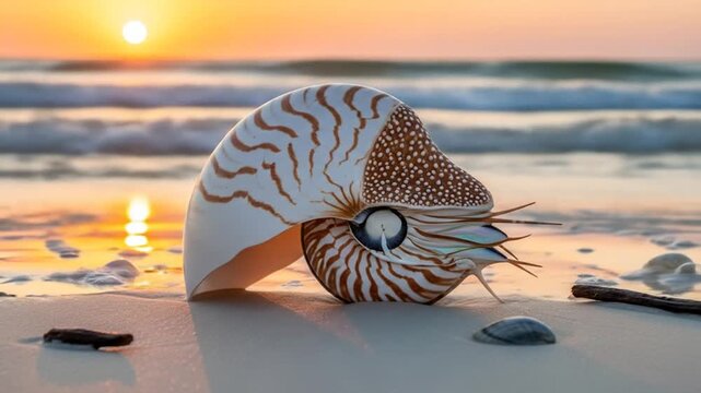 Nautilus Shell on Beach at Sunset with Ocean Waves.