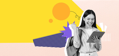 A young person with a backpack expresses excitement and joy while looking at a tablet. The bright, colorful collage background adds energy to the scene, creating a lively atmosphere.