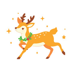 Cute reindeer character illustration for Christmas concept. Winter season festive cartoon wild animal deer. Flat vector design isolated on white.