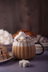 cozy mug of creamy hot chocolate topped with marshmallows and chocolate sprinkles surrounded by assorted confections in a warm and inviting setting with soft focus background, cup, distressed