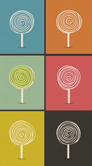 Lollipop illustration in six colored panels with simple spiral candy shapes