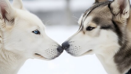 Loyal Companions: Two affectionate huskies touch noses, their bond reflected in their captivating eyes and warm embrace amidst a snowy landscape.