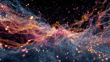 Swirling patterns and glowing points fill the dark background in an abstract scene. This visual showcases vibrant colors and intricate details created through a digital process.